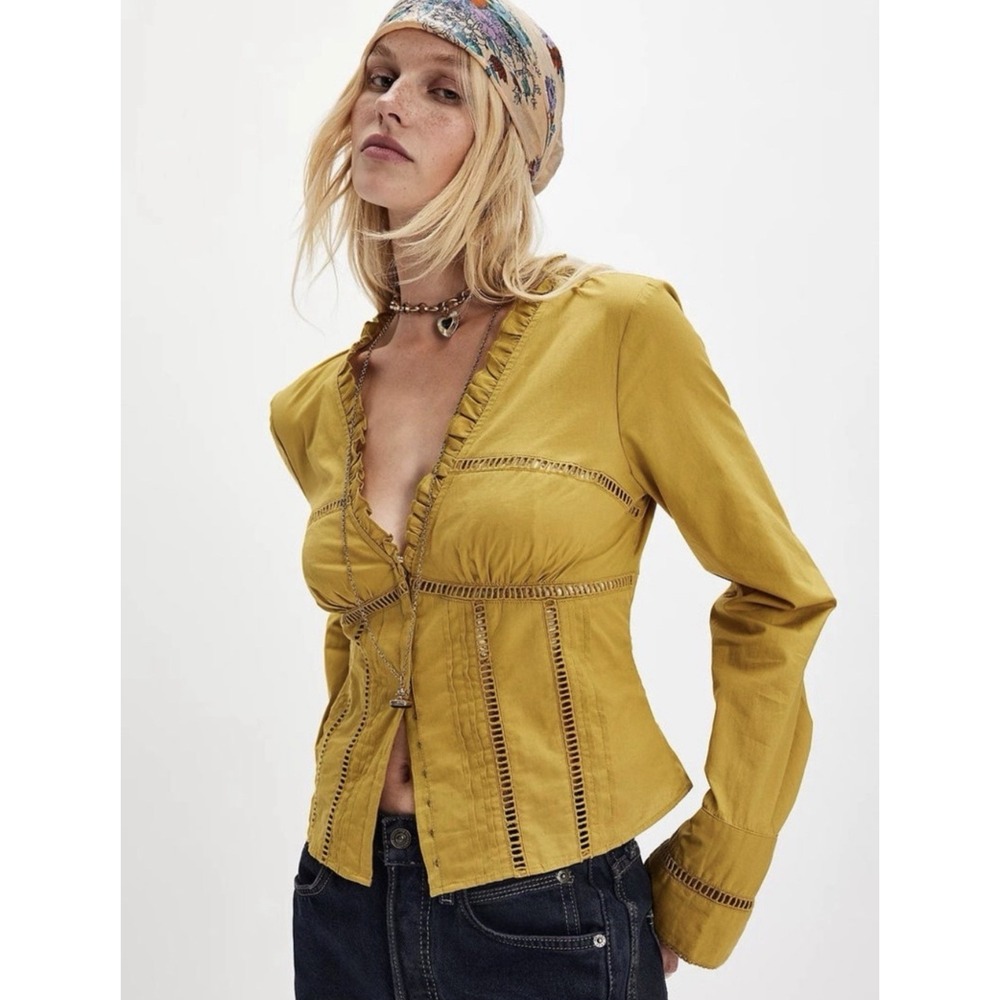 NWT Free People Frankie Corset Long Sleeve Top Gold Lemon Party Boho Cottage